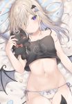  1girl ass_visible_through_thighs bare_arms bare_shoulders bed_sheet black_camisole blue_hair blush bow bow_panties brown_hair camisole closed_mouth commentary crop_top demon_girl demon_tail demon_wings detached_wings dutch_angle grey_wings groin hair_over_one_eye heterochromia highres long_hair lying mafuyu_(chibi21) multicolored_hair navel no_pants on_back original panties pillow side-tie_panties solo streaked_hair stuffed_animal stuffed_toy symbol_commentary tail thigh_gap twitter_username underwear violet_eyes white_panties wing_hair_ornament wings yellow_eyes 