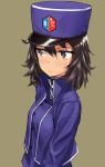  1girl andou_(girls_und_panzer) bangs bc_freedom_(emblem) bc_freedom_military_uniform black_hair blue_headwear blue_jacket blue_vest blush brown_background dark_skin emblem fankupl girls_und_panzer hat high_collar highres jacket long_sleeves looking_to_the_side medium_hair messy_hair military military_uniform shako_cap simple_background solo sweatdrop uniform vest 