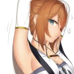 ... 1girl anchor armpits arms_behind_head arms_up azur_lane bangs blue_eyes braid breasts brown_hair capelet closed_mouth detached_sleeves eyebrows_visible_through_hair from_side halterneck looking_at_viewer medium_breasts motion_lines profile repulse_(azur_lane) shiny shiny_skin sideboob sidelocks simple_background solo spoken_ellipsis tied_hair upper_body uto_ki_te white_background white_capelet 