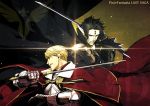  2boys armor black_cape black_gloves black_hair black_sclera blonde_hair breastplate brown_background cape clenched_teeth copyright_name gargouille gauntlets glint gloves holding holding_sword holding_weapon laurel_knight_sylvester male_focus multiple_boys pixiv_fantasia pixiv_fantasia_last_saga red_cape sankyou simple_background sword teeth third_eye upper_body weapon 