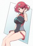  1girl bangs blue_eyes blush breasts competition_swimsuit earrings gem highres pyra_(xenoblade) jewelry large_breasts looking_at_viewer mochimochi_(xseynao) one-piece_swimsuit red_eyes red_shorts red_swimsuit redhead short_hair shorts solo swimsuit tiara xenoblade_(series) xenoblade_2 