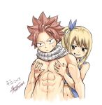  1boy 1girl abs artist_name black_eyes blonde_hair blue_ribbon brown_eyes check_commentary commentary_request crop_top cropped_torso dated fairy_tail grin groping hair_ribbon hetero lucy_heartfilia mashima_hiro natsu_dragneel navel pectoral_grab pink_hair ribbon scarf shirtless simple_background smile smug spiky_hair sweatdrop tattoo vest white_background white_scarf 