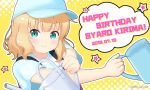  1girl aqua_eyes bangs baseball_cap blonde_hair blue_headwear blue_shirt character_name closed_mouth commentary_request dated eyebrows_visible_through_hair gochuumon_wa_usagi_desu_ka? happy_birthday hat holding holding_watering_can kirima_sharo miicha shirt short_sleeves smile solo star twitter_username upper_body watering_can 