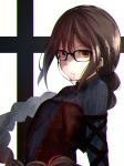  1girl bangs black-framed_eyewear blood blood_from_mouth blue_dress braid breasts brown_dress brown_eyes brown_hair chromatic_aberration closed_mouth collared_dress commentary_request consort_yu_(fate) dress ear_piercing eyebrows_visible_through_hair fate/grand_order fate_(series) glasses hair_between_eyes highres long_hair looking_away piercing samescher sidelocks single_braid small_breasts solo strapless strapless_dress striped vertical-striped_dress vertical_stripes very_long_hair 