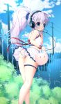  1girl :o absurdres alternate_hairstyle ass bag blue_scrunchie blue_sky blush breasts bush clouds covered_nipples day ether_core fence gochuumon_wa_usagi_desu_ka? hair_ornament hair_scrunchie handbag headphones highres kafuu_chino long_hair long_legs looking_at_viewer looking_back midriff outdoors panties pantyshot ponytail power_lines purple_hair red_ribbon ribbon scrunchie skirt skirt_lift sky small_breasts solo standing thigh_strap underwear upskirt very_long_hair wristband x_hair_ornament 