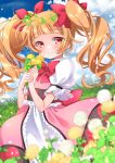  1girl aisaki_emiru arms_up bangs blue_sky blunt_bangs blurry blush bow bowtie clouds commentary_request dandelion day depth_of_field dress eyebrows_visible_through_hair field flower flower_field grass hair_ribbon hands_together head_wreath heart hill holding holding_flower hugtto!_precure kawanobe layered_dress light_particles long_hair looking_at_viewer orange_hair outdoors petticoat pink_dress precure puffy_short_sleeves puffy_sleeves red_eyes red_neckwear ribbon short_sleeves sky smile solo twintails twitter_username 