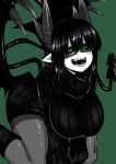  black_hair breasts demon_girl demon_tail demon_wings fangs glasses green_eyes highres horns huge_breasts kneeling merii_(musuko_ga_kawaikute_shikatanai_mazoku_no_hahaoya) monochrome musuko_ga_kawaikute_shikatanai_mazoku_no_hahaoya pointy_ears ribbed_sweater sharp_teeth simple_background smile sweater tail teeth thighs wings 