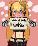 1girl bangs black_ribbon black_shirt blush commentary_request covenanter_(kehotank) covenanter_(tank)_(personification) crop_top detached_sleeves earrings english_text eyebrows_visible_through_hair fume hair_ribbon headgear holding holding_sign jewelry looking_at_viewer navel original personification pink_background placard plaid plaid_skirt red_skirt ribbon shirt short_sleeves sign simple_background skirt smirk solo soumu_(kehotank) standing striped_sleeves stud_earrings suspender_skirt suspenders sweatdrop twintails upper_body world_of_tanks 