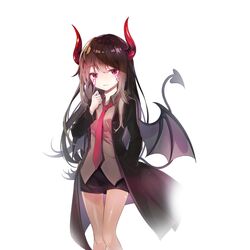  1girl black_coat black_skirt brown_hair brown_shirt coat deany demon_girl demon_tail demon_wings facial_mark hand_in_pocket hand_to_own_mouth horns long_hair necktie red_eyes red_neckwear shirt skirt solo soul_worker stella_unibell tail thigh_gap wings 