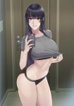  1girl bangs black_hair black_panties blush breasts cellphone daglasses grey_shirt grin highres large_breasts long_hair looking_at_viewer navel orange_eyes original panties phone self_shot shirt shirt_lift short_sleeves smile solo thighs underwear 