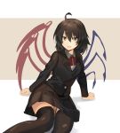  1girl :d ahoge alternate_costume arm_support asymmetrical_wings bangs black_hair black_jacket black_legwear black_skirt blazer blue_wings bow bowtie breasts commentary_request contemporary eyebrows_visible_through_hair feet_out_of_frame grey_background hair_between_eyes highres houjuu_nue jacket long_sleeves looking_at_viewer medium_breasts miniskirt open_mouth pleated_skirt red_bow red_eyes red_neckwear red_wings rin_falcon school_uniform shadow shirt short_hair sitting skirt smile solo thigh-highs touhou two-tone_background white_background white_shirt wings 