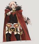  1boy armor astolfo_(fate) belt black_bow black_ribbon bleeding blood blood_from_mouth blood_on_arm blood_on_face bow braid cloak cuts fate/grand_order fate_(series) fur_collar fur_trim garter_straps gauntlets grey_background hair_intakes hair_ribbon injury long_braid looking_at_viewer male_focus multicolored_hair nosebleed pink_hair red_cloak ribbon simple_background single_braid sketch standing streaked_hair u_5ham0 violet_eyes wiping_face wiping_nose 