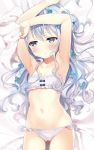  1girl :t armpits arms_up ass_visible_through_thighs bangs bare_arms bare_shoulders blue_eyes blue_flower blue_hair blush bow bow_bra bra breasts closed_mouth collarbone commentary_request eyebrows_visible_through_hair flower frilled_bra frills gochuumon_wa_usagi_desu_ka? groin hair_between_eyes hair_flower hair_ornament highres holding holding_towel kafuu_chino long_hair lying navel neki_(wakiko) on_back panties pout small_breasts solo towel underwear underwear_only very_long_hair white_bra white_panties 