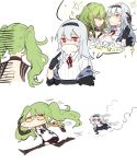  2girls closed_mouth girls_frontline green_hair headband long_hair m950a_(girls_frontline) multiple_girls off_shoulder one_eye_closed red_eyes running silver_hair simple_background thunder_(girls_frontline) tongue tongue_out twintails white_background yellow_eyes zocehuy 