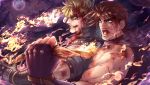  2boys battle_tendency blonde_hair blood blood_on_face brown_hair burning caesar_anthonio_zeppeli facial_mark feathers fingerless_gloves fire full_moon gloves green_eyes grin hair_feathers jojo_no_kimyou_na_bouken joseph_joestar_(young) male_focus moon multiple_boys nosebleed open_mouth pihoshii scarf smile striped striped_scarf 
