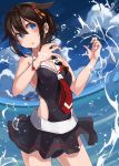  1girl :o ahoge bangs blue_eyes blush bow braid breasts brown_hair clouds day eyebrows_visible_through_hair hair_bow hair_flaps hair_ornament highres kantai_collection one-piece_swimsuit open_mouth remodel_(kantai_collection) shigure_(kantai_collection) single_braid skirt sky solo splashing sugue_tettou swimsuit swimsuit_under_clothes twitter_username water wet 