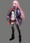  1girl absurdres alternate_hairstyle blush closed_mouth coat eonsang girls_frontline highlights highres holster long_hair magazine_(weapon) mod3_(girls_frontline) multicolored multicolored_hair open_clothes open_coat pink_hair scarf signature simple_background smile solo st_ar-15_(girls_frontline) strap thigh-highs thigh_holster thigh_strap violet_eyes 