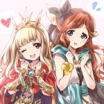  2girls :d ;d artist_name bag bangs black_dress black_hairband blonde_hair blunt_bangs blush brooch brown_hair cagliostro_(granblue_fantasy) cape clarisse_(granblue_fantasy) clenched_hands commentary_request dress eyebrows_visible_through_hair flying_sweatdrops gauntlets gloves granblue_fantasy green_cape green_eyes hairband head_tilt headgear heart highres jewelry kuroi_mimei long_hair looking_at_viewer multiple_girls one_eye_closed open_mouth red_cape red_eyes satchel signature smile standing swept_bangs upper_body white_dress yellow_gloves 