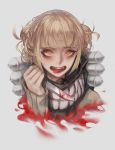  1girl absurdres bangs blonde_hair blood blunt_bangs boku_no_hero_academia double_bun fangs heart heart-shaped_pupils highres huge_filesize knife long_sleeves looking_at_viewer messy_hair open_mouth portrait rsef school_uniform short_hair simple_background solo symbol-shaped_pupils toga_himiko tongue tongue_out white_background yandere yellow_eyes 