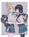  2girls ayase_eli bag bangs black_hair black_legwear blonde_hair blue_eyes bow bowtie closed_mouth collared_shirt commentary_request eyebrows_visible_through_hair green_eyes hair_ornament hair_scrunchie highres looking_at_viewer love_live! love_live!_school_idol_project multiple_girls one_eye_closed parted_lips pleated_skirt ponytail school_bag school_uniform scrunchie shirt shirt_tucked_in short_sleeves skirt thigh-highs toujou_nozomi white_shirt zawawa_(satoukibi1108) 