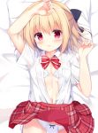  1girl arm_up bangs bed_sheet black_bow blonde_hair blush bow bow_panties bra breasts collared_shirt commentary_request dress_shirt eyebrows_visible_through_hair fingernails hair_between_eyes hair_bow kujou_danbo looking_at_viewer lying navel on_back open_clothes open_shirt original panties parted_lips pillow plaid plaid_skirt pleated_skirt red_bow red_eyes red_skirt school_uniform shirt short_sleeves side-tie_panties skirt skirt_lift small_breasts solo striped striped_bow underwear white_bra white_panties white_shirt 
