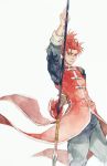  1boy chinese_clothes fate/grand_order fate_(series) highres li_shuwen_(fate) li_shuwen_(fate/grand_order) long_hair male_focus polearm ponytail redhead solo spear totocosakana traditional_media watercolor_(medium) weapon 