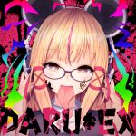  absurdres bespectacled blonde_hair darumoon glasses hair_ribbon hat highres kanji long_tongue moriya_suwako red_ribbon ribbon tongue touhou 