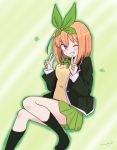  1girl bangs black_legwear blazer blue_eyes blush bow breasts brown_hair commentary_request double_v eyebrows_visible_through_hair go-toubun_no_hanayome green_bow green_jacket green_ribbon green_skirt grin hair_between_eyes hair_ribbon highres jacket kneehighs kujou_karasuma long_sleeves medium_breasts nakano_yotsuba one_eye_closed open_blazer open_clothes open_jacket pleated_skirt revision ribbon shirt signature skirt smile solo sweater_vest v white_shirt 