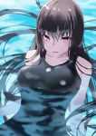  1girl bangs bare_shoulders black_hair black_swimsuit blush breasts collarbone fate/grand_order fate_(series) highres jonsun large_breasts long_hair looking_at_viewer murasaki_shikibu_(fate) one-piece_swimsuit open_mouth solo swimming swimsuit very_long_hair violet_eyes water 