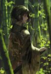  1girl bamboo bamboo_forest black_eyes black_hair blurry blurry_background bob_cut day forest highres japanese_clothes katana kimono looking_to_the_side nature original outdoors rsef sheath sheathed short_hair standing sword weapon wide_sleeves 