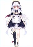  1girl angel apron asymmetrical_legwear bangs black_bow black_dress black_legwear bow braid chihiro_(khorosho) closed_mouth commentary_request demon_girl demon_horns demon_tail demon_wings double_bun dress eyebrows_visible_through_hair feathered_wings frilled_apron frilled_dress frills full_body hair_between_eyes hair_bow hair_ornament hairclip halo horns long_hair mismatched_wings original puffy_short_sleeves puffy_sleeves red_eyes red_wings shoes short_sleeves side_bun silver_hair single_sock single_thighhigh smile socks solo standing tail thigh-highs very_long_hair waist_apron white_apron white_background white_footwear white_wings wings x_hair_ornament 