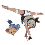  1girl barefoot blue_eyes bodysuit closed_mouth dark_skin flexible gen_2_pokemon gloves grey_eyes grey_hair hair_between_eyes hairband handstand highres hitmontop jikatarou looking_away looking_to_the_side pokemon pokemon_(creature) pokemon_(game) pokemon_swsh ribbon saitou_(pokemon) shirt short_hair short_sleeves shorts simple_background single_glove upside-down white_background white_shirt wristband 