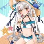  1girl amatsukaze_(kantai_collection) bikini brown_eyes bubble_tea clouds cocoperino frilled_bikini frills hair_ribbon hair_tubes hat kantai_collection long_hair looking_at_viewer ribbon sandals silver_hair sitting solo starfish string_of_flags swimsuit two-tone_bikini wariza windsock 