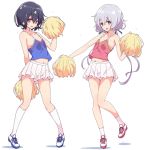  2girls black_hair blue_eyes breasts cheerleader clothes_writing crop_top full_body hair_ornament highres konno_junko low_twintails mel_(melty_pot) miniskirt mizuno_ai multiple_girls navel pleated_skirt pom_poms red_eyes shirt shoes short_hair silver_hair skirt sleeveless sleeveless_shirt small_breasts sneakers spaghetti_strap standing twintails white_legwear white_skirt zombie_land_saga 
