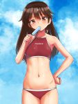  1girl alternate_hairstyle bangs blush brown_eyes brown_hair clouds day eyebrows_visible_through_hair flat_chest food food_in_mouth hand_on_hip highres hip_bones holding holding_food kantai_collection long_hair midriff navel popsicle red_swimsuit ryuujou_(kantai_collection) sky solo swimsuit tsusshi 