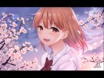  1girl :d bangs bow bowtie brown_eyes brown_hair cherry_blossoms collared_shirt flower hair_between_eyes highres looking_at_viewer medium_hair open_mouth original portrait red_bow red_neckwear satosi shiny shiny_hair shirt smile solo white_flower white_shirt wing_collar 