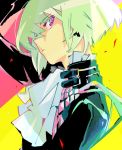 1boy black_jacket close-up cravat earrings face gloves green_hair ichinose777 jacket jewelry lio_fotia looking_at_viewer male_focus portrait promare solo violet_eyes 