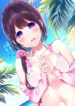  1girl :d bikini blue_sky braid breasts brown_hair chikuwa. clouds collarbone commentary_request crown_braid day disembodied_limb hair_ornament hair_scrunchie highres holding_hand horizon jacket large_breasts long_hair marine_day navel ocean off_shoulder open_clothes open_jacket open_mouth original outdoors palm_tree pink_jacket pink_scrunchie plaid plaid_scrunchie scrunchie sky smile solo_focus swimsuit translated tree upper_body violet_eyes water wet white_bikini 