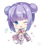  1girl ;o bag bangs big_head blue_eyes blush bow brown_cardigan brown_footwear cardigan chibi commentary_request dated double_bun eyebrows_visible_through_hair fang heart holding long_sleeves one_eye_closed open_mouth original pink_bow pleated_skirt purple_hair purple_sailor_collar purple_skirt rolling_suitcase saeki_sora sailor_collar shoulder_bag sidelocks signature simple_background skirt sleeves_past_wrists solo striped striped_legwear thigh-highs white_background 