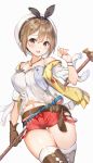  1girl :d atelier_(series) atelier_ryza bare_shoulders belt beret brown_gloves brown_hair collarbone commentary_request cowboy_shot flask gloves hand_up hat highres holding jewelry looking_at_viewer midriff navel necklace noboru_(kamine204136) open_mouth red_shorts reisalin_stout shirt short_hair short_shorts shorts simple_background single_glove smile solo star star_necklace test_tube thigh-highs thighs white_background white_headwear white_shirt 