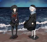  2girls amemori_sayo bangs beach black_eyes black_footwear black_hair black_headwear black_legwear black_sailor_collar black_shirt black_skirt blush closed_mouth full_body hair_ornament hat high-waist_skirt highres holding holding_shell isshiki_(ffmania7) kudou_chitose long_sleeves looking_at_viewer multiple_girls nijisanji ocean one_side_up outdoors pantyhose red_neckwear sailor_collar school_uniform serafuku shirt short_hair skirt standing virtual_youtuber white_legwear wind yellow_eyes 