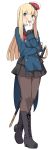  1girl bangs black_footwear black_legwear black_skirt blonde_hair blue_eyes blush boots breasts commentary_request cross-laced_footwear fate/grand_order fate_(series) full_body gloves hat lace-up_boots long_hair long_sleeves looking_at_viewer lord_el-melloi_ii_case_files open_mouth pantyhose red_headwear reines_el-melloi_archisorte shiseki_hirame skirt small_breasts smile solo sword v_over_mouth weapon white_background white_headwear 