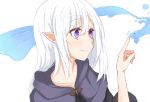  1girl elf eyebrows_visible_through_hair face fish hair_between_eyes index_finger_raised long_hair pointy_ears robe smile solo suu2510 violet_eyes water white_hair 