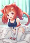  1girl animal_ears azur_lane blanket blush breasts cat_ears cat_tail curtains eyebrows_visible_through_hair fang full_body hair_between_eyes hair_ornament highres i-19_(azur_lane) indoors jacket large_breasts long_hair long_sleeves looking_at_viewer one-piece_swimsuit open_mouth red_eyes redhead school_swimsuit sitting smile solo swimsuit tail thigh-highs twintails waftil wariza white_jacket white_legwear 