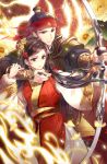  1boy 1girl armor black_hair bow_(weapon) bracer brown_eyes drawing_bow fantasy fire flower gl_ztoh gold_trim hair_flower hair_ornament headband long_hair official_art red_headband serious standing topknot very_long_hair weapon wide_sleeves 