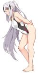  1girl alternate_costume arms_behind_back bangs bare_arms bare_legs bare_shoulders barefoot black_hair black_swimsuit blush breasts closed_mouth collarbone commentary_request competition_swimsuit covered_navel eyebrows_visible_through_hair fate/grand_order fate_(series) feet from_side full_body green_eyes hair_between_eyes hands_together high_ponytail leaning_forward legs light_smile long_hair long_ponytail looking_at_viewer medium_breasts multicolored multicolored_clothes multicolored_hair multicolored_swimsuit nagao_kagetora_(fate) one-piece_swimsuit parted_bangs ponytail profile shiseki_hirame sidelocks sideways_glance simple_background smile solo straight_hair streaked_hair swimsuit tiptoes two-tone_hair very_long_hair white_background white_hair white_swimsuit 