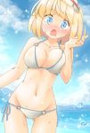  1girl alice_margatroid arnest ass_visible_through_thighs bangs bare_arms bare_shoulders bikini blonde_hair blue_eyes blue_sky blush breasts clouds collarbone commentary_request cowboy_shot day eyebrows_visible_through_hair frilled_hairband frills groin hairband halterneck hand_up large_breasts lolita_hairband looking_at_viewer navel nose_blush o-ring o-ring_bikini open_mouth outdoors red_hairband short_hair side-tie_bikini sky solo sparkle standing stomach swimsuit thighs touhou water_drop wet white_bikini 