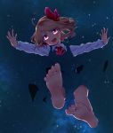  1girl ahoge ascot barefoot blonde_hair dark floating_hair flying from_above hair_ribbon happy head_tilt highres kuromame_(8gou) looking_at_viewer night night_sky open_mouth outstretched_arms red_eyes red_ribbon ribbon rumia short_hair skirt skirt_set sky solo star_(sky) touhou transparent 