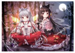  2girls absurdres animal animal_ear_fluff animal_ears animal_on_lap bangs black_cat black_hair blurry blurry_background blush bow cat cat_ears eyebrows_visible_through_hair forest frilled_sleeves frills fujiwara_no_mokou hair_bow highres houraisan_kaguya huge_filesize indian_style juliet_sleeves long_hair long_sleeves looking_at_viewer mimi_(mimi_puru) multiple_girls nature night night_sky ofuda outdoors pants petticoat pink_shirt puffy_sleeves red_eyes red_footwear red_pants red_skirt scan shirt shoes silver_hair sitting skirt sky smile smoke suspenders touhou translated very_long_hair white_bow white_shirt wide_sleeves 