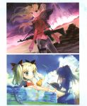  1girl 2girls alternate_hair_color ass bikini blonde_hair blue_eyes bow butt_crack child city clouds dual_persona ereshkigal_(fate/grand_order) fate/extra fate/grand_order fate_(series) fingerless_gloves gloves gun hair_ribbon highres inflatable_pool multiple_girls official_art pants pool ribbon scan scenery see-through shaft_(studio) solo swimsuit teenage tight tight_pants time_paradox tohsaka_rin tokyo_mx toosaka_rin twintails type-moon wada_aruko weapon 